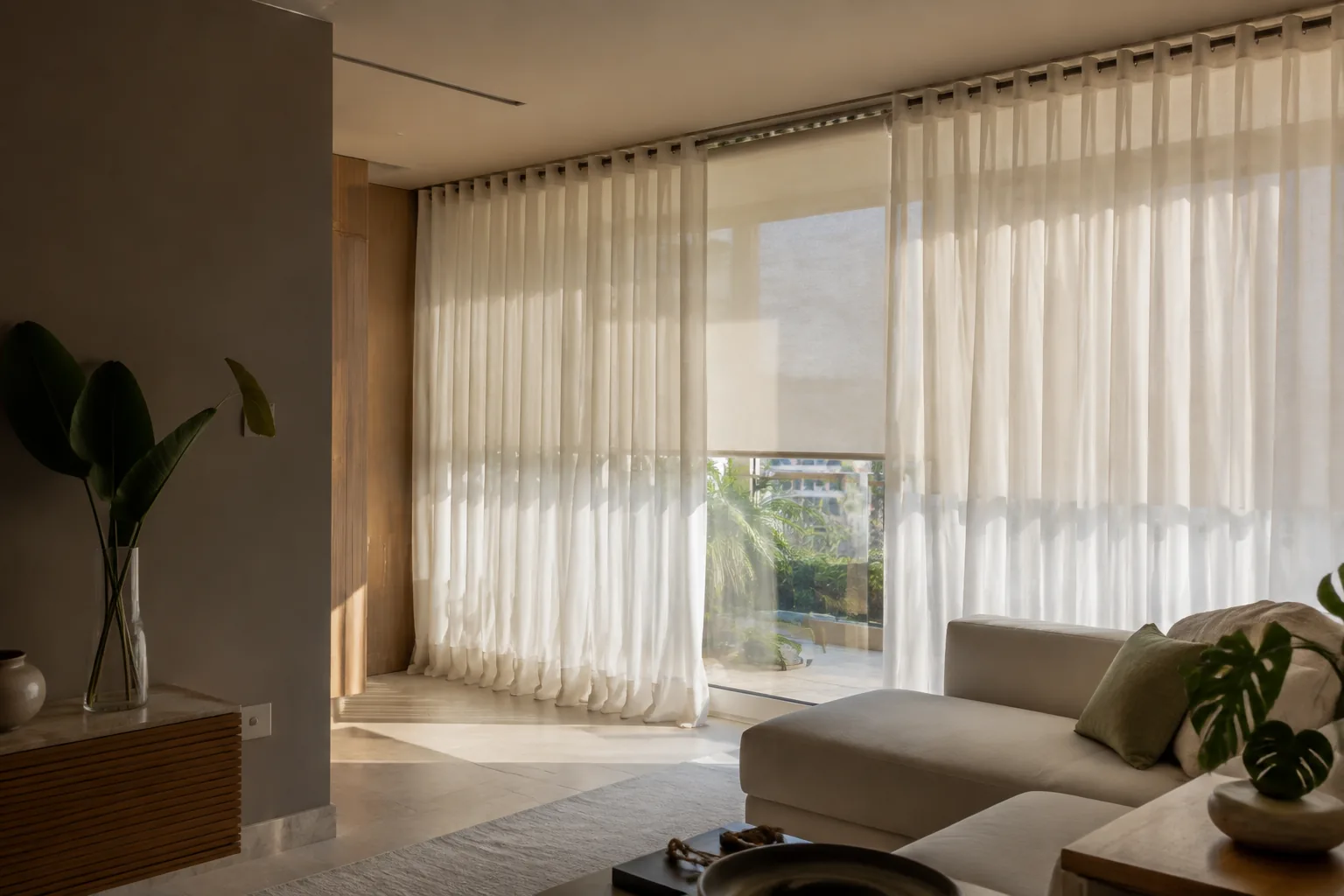 Ambiente contemporâneo ilustrativo com cortinas claras e persiana rolô