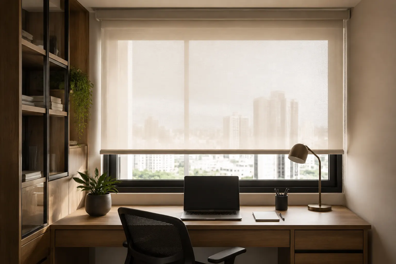Home office ilustrativo com tela solar para controle de reflexos
