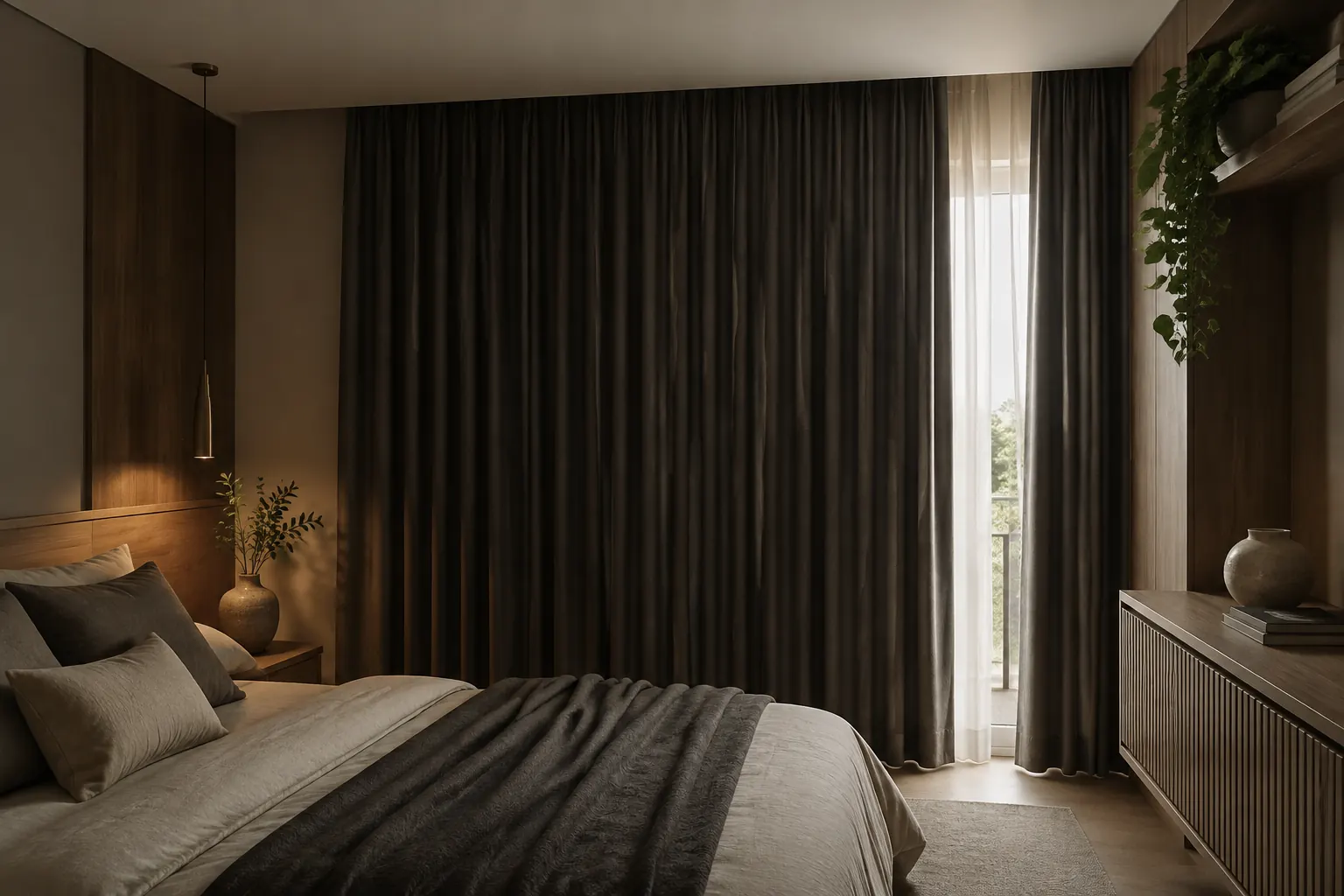 Quarto ilustrativo com cortina blackout para privacidade e controle de luminosidade